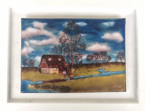 2017 Landschaft mit Haus Email auf Kupfer oR13x18cm